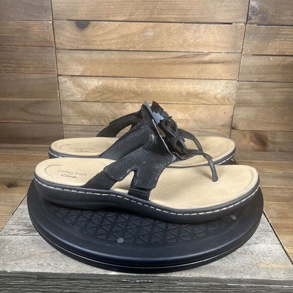Clarks Women's Size 8 Laurieann Gema Black Leather Open Toe Floral Sandals - Picture 1 of 10